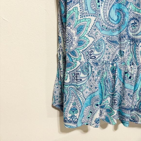 Cynthia Rowley Retro Paisley Dress Sz 12 Blue Sleeveless Pockets Ruffle Hem - Picture 4 of 8